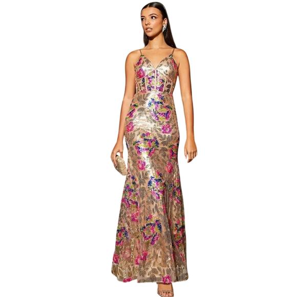 Dear Moon Dresses Dear Moon Floral Sequin Corset Lace-Up Back Long Dress Sz 1 - Picture 2 of 8